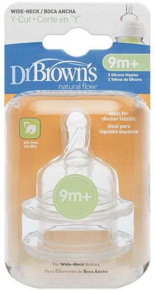 Dr.Browns Y-Cut Knupīši pudelītēm ar platu kakliņu, paredzēti biezām sulām un biezeņiem no 9+ (2 gab.)