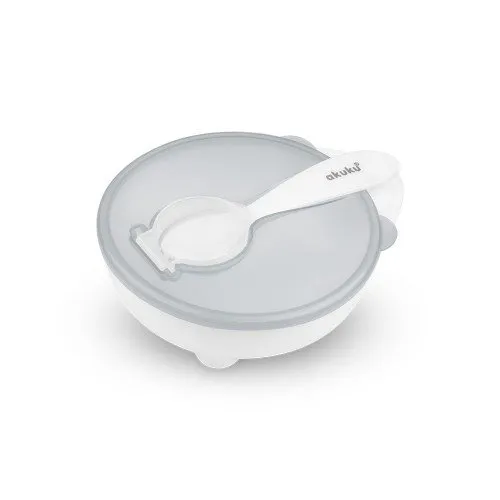 Bērnu plastmasas bļodiņa ar vāciņu un karoti AKUKU A0424 white