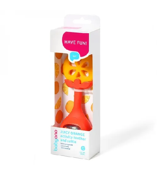 Zobu riņķis ar grabuli BabyOno JUICY ORANGE 499/01