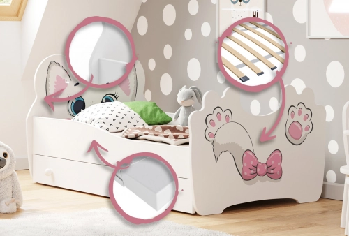 Bērnu gulta Pink Cat 160x80 ar atvilktni