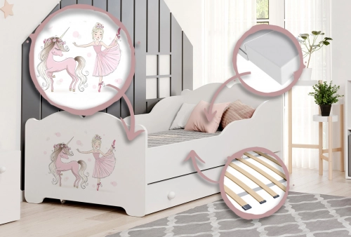 Vienvietīga bērnu gulta ar atvilktni Anna Girl with unicorn 140x70