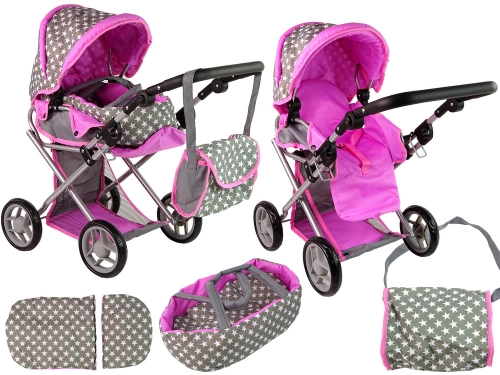 2-in-1 Stroller with Bag Grey Pink Stars