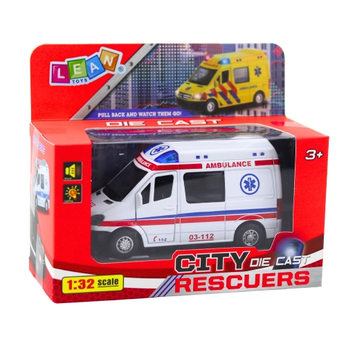 Ambulance Metal Pull Back Motorized Lights Sounds White 1:32