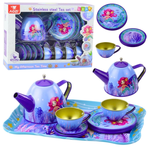 Children's Metal Tea Set with Cups, Kettle, and Tray Mermaid