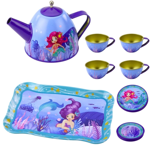 Children's Metal Tea Set with Cups, Kettle, and Tray Mermaid