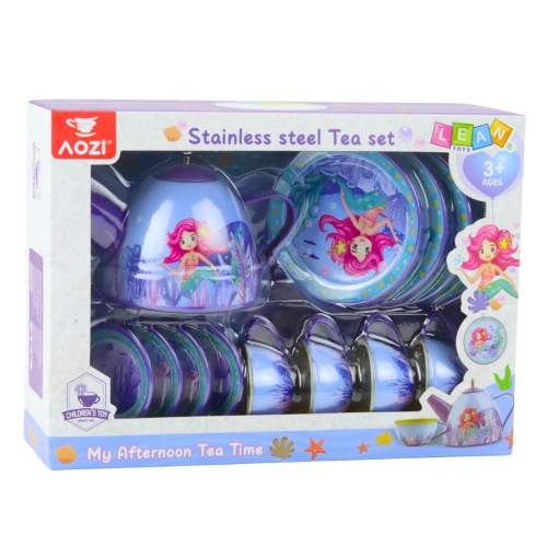 Children's Metal Tea Set with Cups, Kettle, and Tray Mermaid