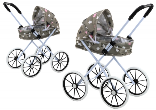Doll's Pram Big Wheels Foldable Stars Clouds Gray 70cm