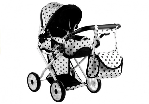 Doll Bogie and Stroller Alice- with Carrier, Bag and Bedding White with Black Dots