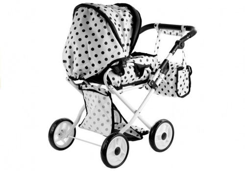 Doll Bogie and Stroller Alice- with Carrier, Bag and Bedding White with Black Dots