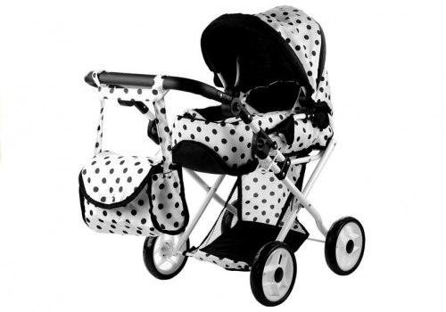Doll Bogie and Stroller Alice- with Carrier, Bag and Bedding White with Black Dots