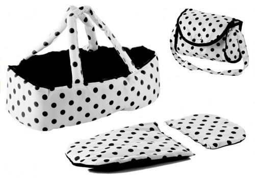 Doll Bogie and Stroller Alice- with Carrier, Bag and Bedding White with Black Dots