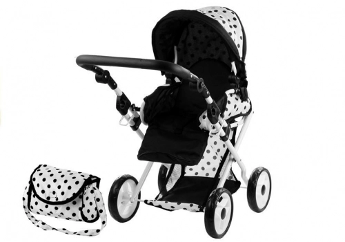 Doll Bogie and Stroller Alice- with Carrier, Bag and Bedding White with Black Dots