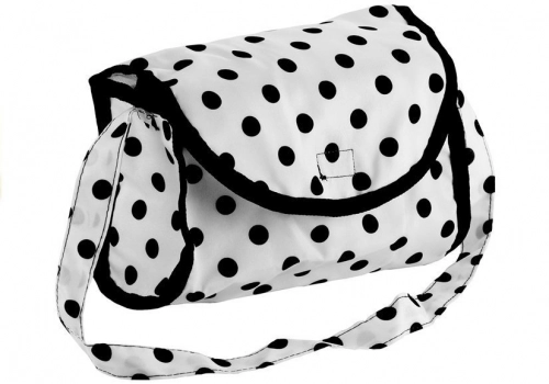 Doll Bogie and Stroller Alice- with Carrier, Bag and Bedding White with Black Dots