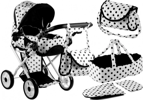 Doll Bogie and Stroller Alice- with Carrier, Bag and Bedding White with Black Dots