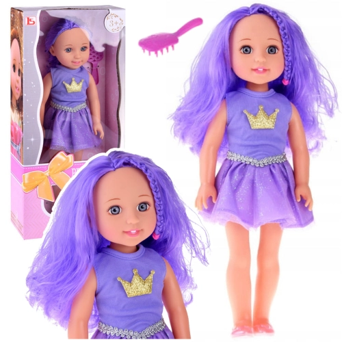 Doll in a Dress with a Crown Long Hair Purple Brush 38cm