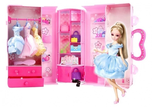Doll, Model. Set of Clothes. Dressing. Jewelry in a Suitcase