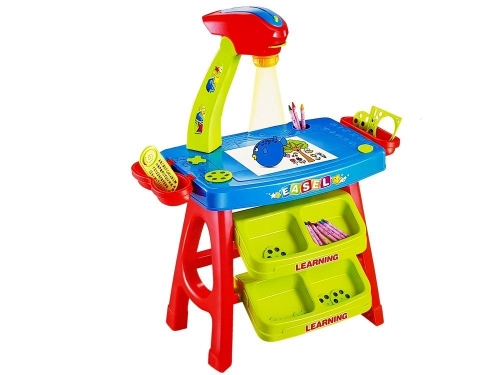 Educational Drawer Table with Projector 36 Pictures Crayons Templates Blue and Red