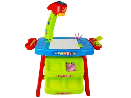 Educational Drawer Table with Projector 36 Pictures Crayons Templates Blue and Red