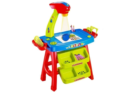 Educational Drawer Table with Projector 36 Pictures Crayons Templates Blue and Red