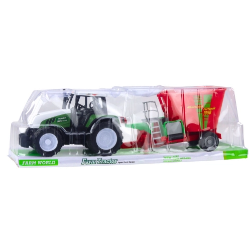 Green Agricultural Tractor with Trailer and Feed Mixer
