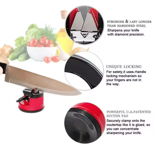 Knife and Scissor Sharpener with Suction Cup and Locking Lever Red