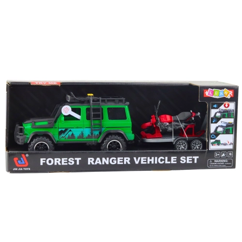 Off-road Vehicle Set with Tow Truck and Motorcycle Lights and Sounds Green