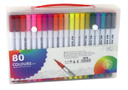 Set of 80 colored marker pens in an organizer