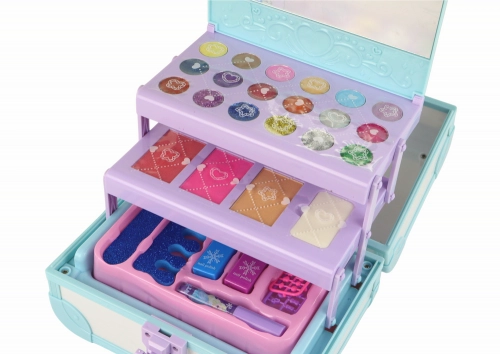 Set of beauty cosmetics for make-up doing nails in a blue case