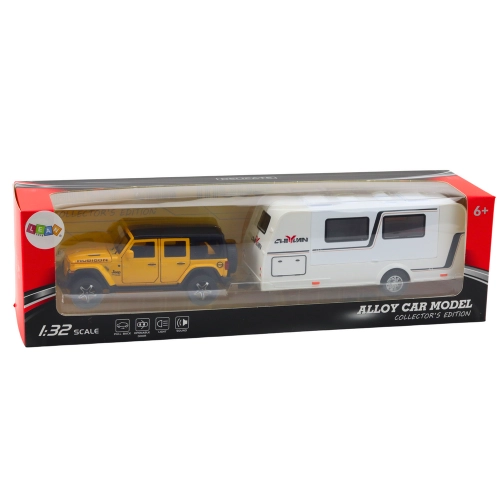 Set of Off-road Vehicles with Camper, Metal, Drive, Lights, Sounds, Yellow, 1:32