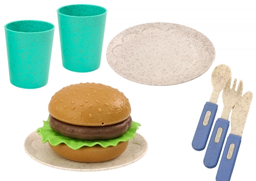 Set of tableware, plates, cups, jug, Hamburger, cutlery, 11 pcs