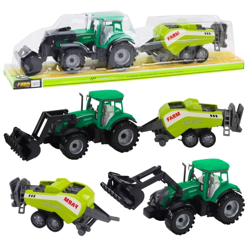 Set of tractor with loader and agricultural baler Green
