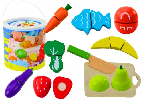 Set of Vegetables and Fruits for Cutting in a Bucket, Board, Wooden Knife