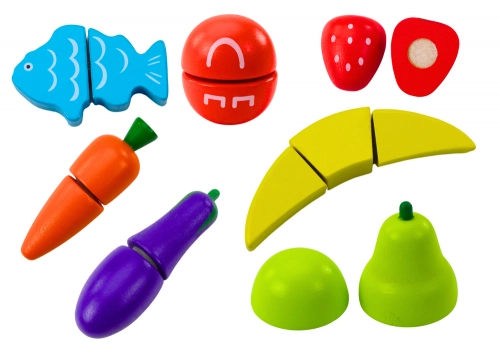 Set of Vegetables and Fruits for Cutting in a Bucket, Board, Wooden Knife