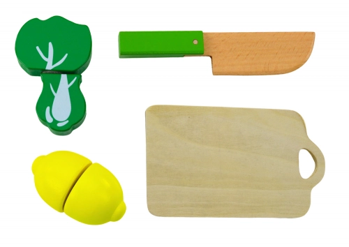 Set of Vegetables and Fruits for Cutting in a Bucket, Board, Wooden Knife
