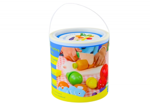 Set of Vegetables and Fruits for Cutting in a Bucket, Board, Wooden Knife