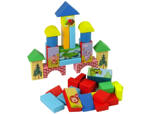 Set of Wooden Bricks with Animals Castle in a Backpack