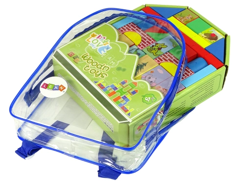 Set of Wooden Bricks with Animals Castle in a Backpack