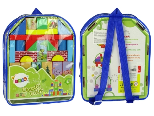 Set of Wooden Bricks with Animals Castle in a Backpack