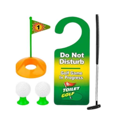 Toilet Golf Skill Game Set Mat Bat Balls Door Hanger