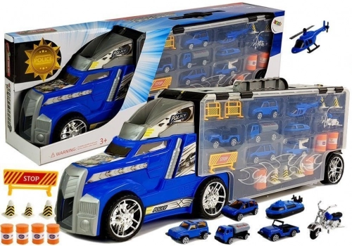 Truck with cars. Police. Garage. Suitcase. Game board