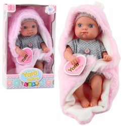 Babypuppe im grauen Pyjama mit rosa Hasendecke, 23 cm