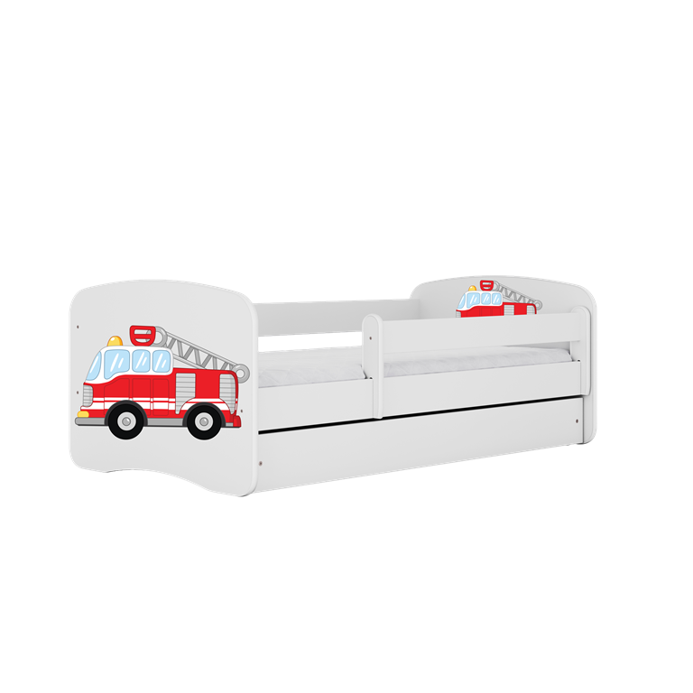 Bērnu gulta balta Fire Truck ar atvilktni un matraci 140x70