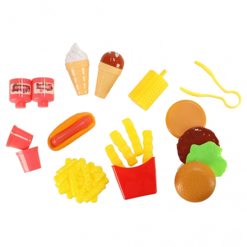 Bērnu virtuve čemodānā ātrās ēdināšanas burgeru komplekts saldējums frī kartupeļi 55cm