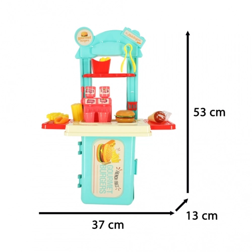 Bērnu virtuve čemodānā ātrās ēdināšanas burgeru komplekts saldējums frī kartupeļi 55cm