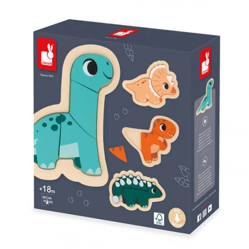 Janod Drewniane Puzzle Progresywne 4 układanki 2, 3, 4 i 5 elementów 18 m+ Dinozaury
