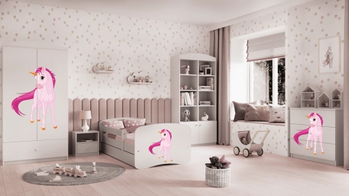 Bērnu gulta balta Unicorn ar atvilktni un matraci 140x70