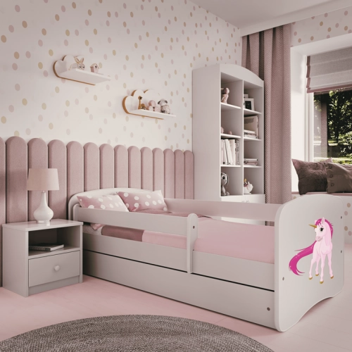 Bērnu gulta balta Unicorn ar atvilktni un matraci 140x70