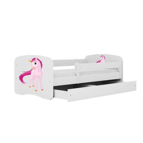 Bērnu gulta balta Unicorn ar atvilktni un lateksa matraci 160x80