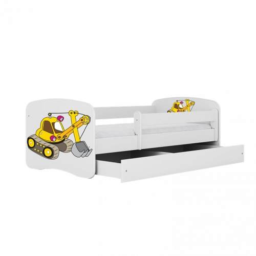 Bērnu gulta balta Excavator ar atvilktni un lateksa matraci 160x80