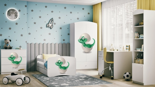 Bērnu gulta balta Little Dino ar atvilktni un matraci 140x70